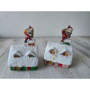 Vintage‎ Santa chimney house ornament cottage flocked Xmas tree set green pink